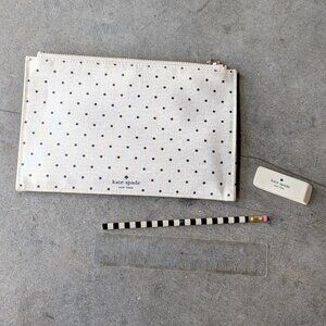 Kate Spade New York Ivory Black Polka Dots Zippered Leatherette Pencil Pouch